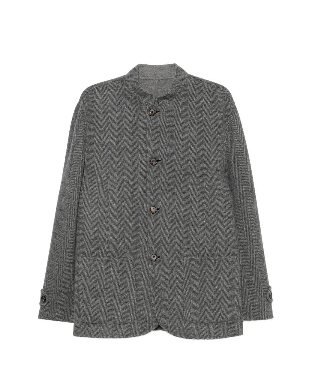 Eleventy Gray Herringbone-Pattern High-Neck Coat for men