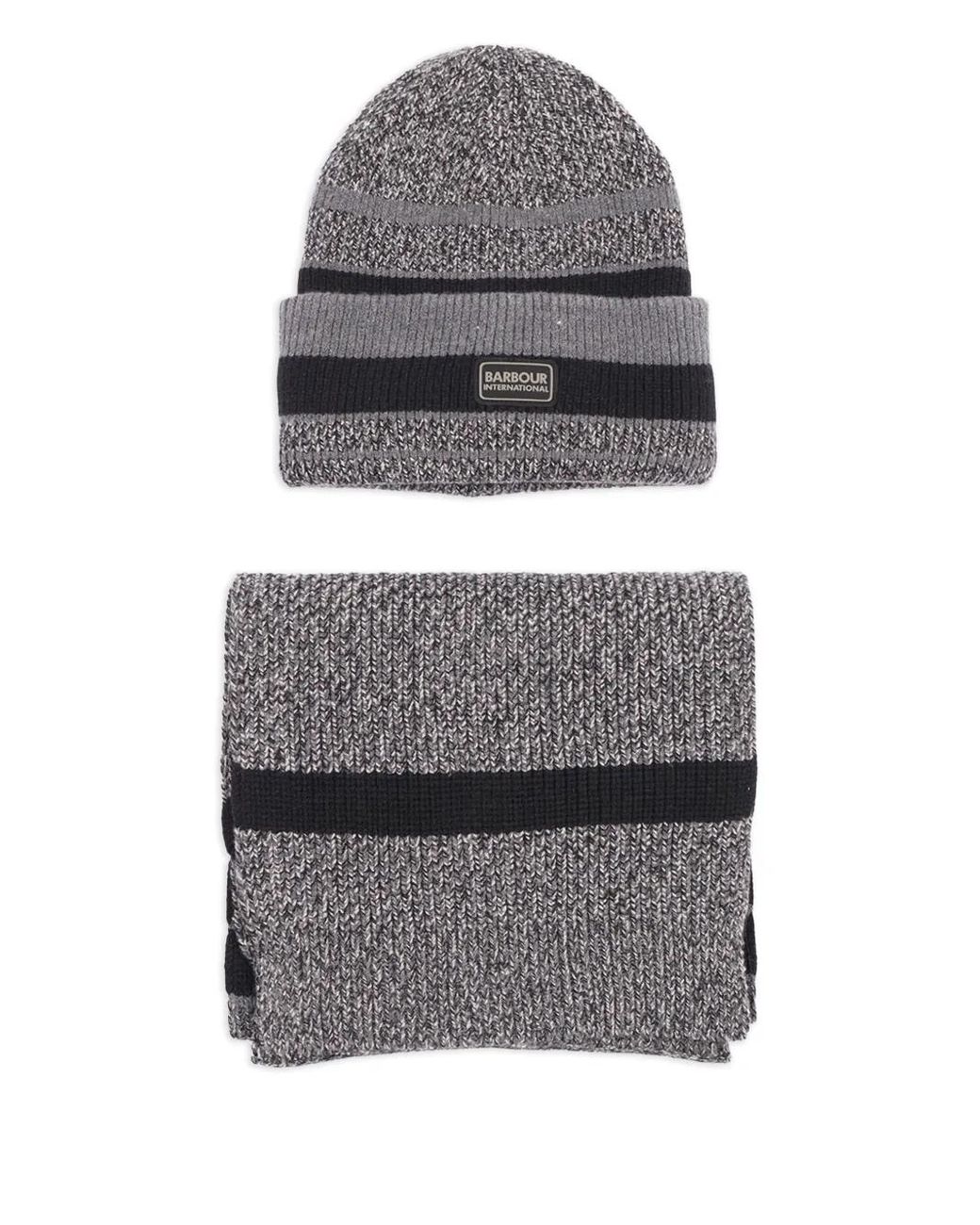 Barbour Gray Boston Striped Beanie Scarf Set for men
