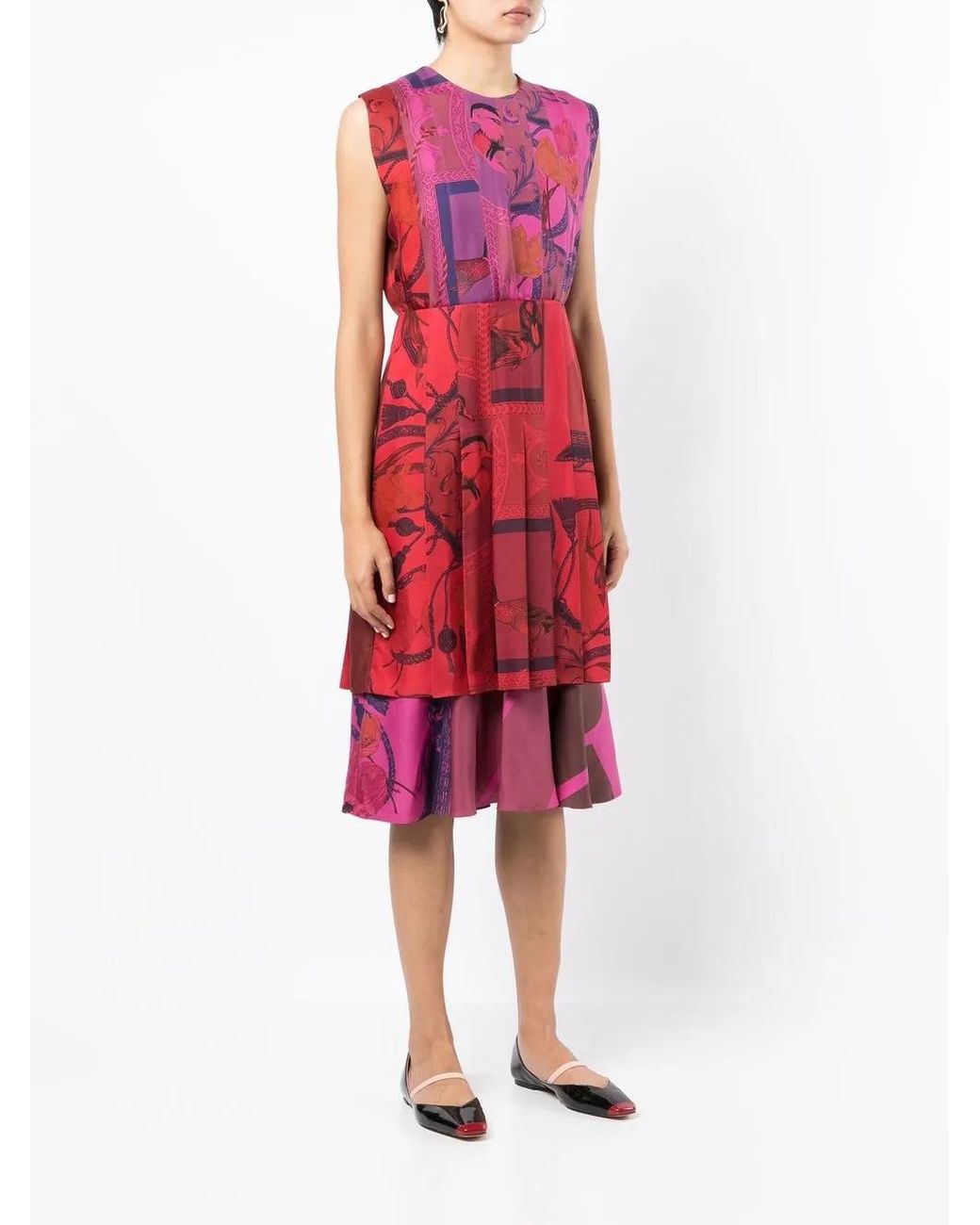 Ferragamo Red Patterned Silk Midi Dress