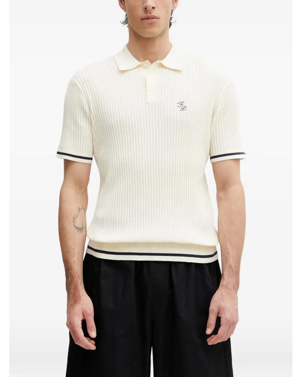 Filling Pieces White Ribbed-Knit Embroidered-Logo Polo Shirt for men