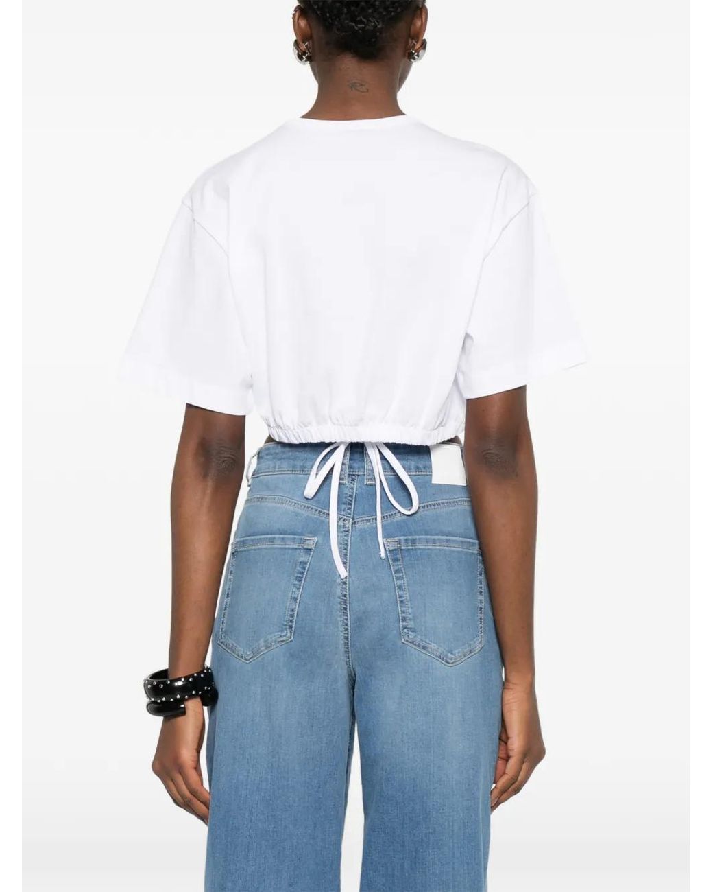 Pinko White Cropped T-Shirt With Lace And Texan Details