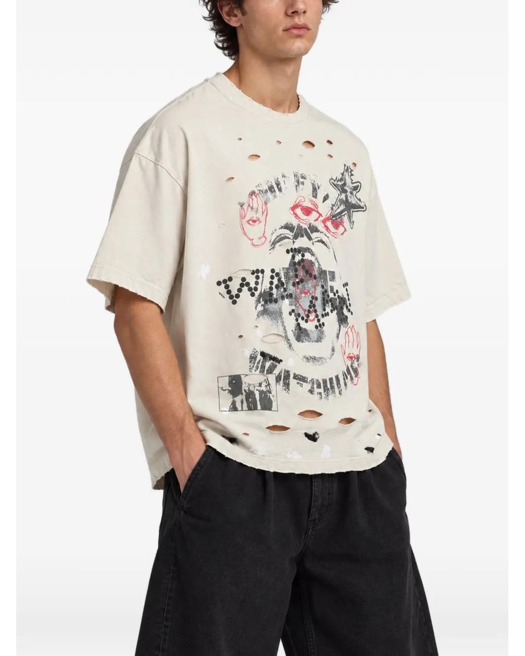 WARMAN White Distressed Graphic-Print T-Shirt for men