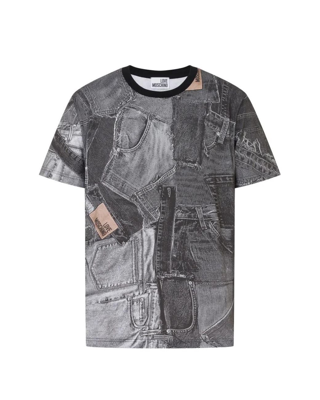 Love Moschino Gray Denim-Print Cotton T-Shirt for men