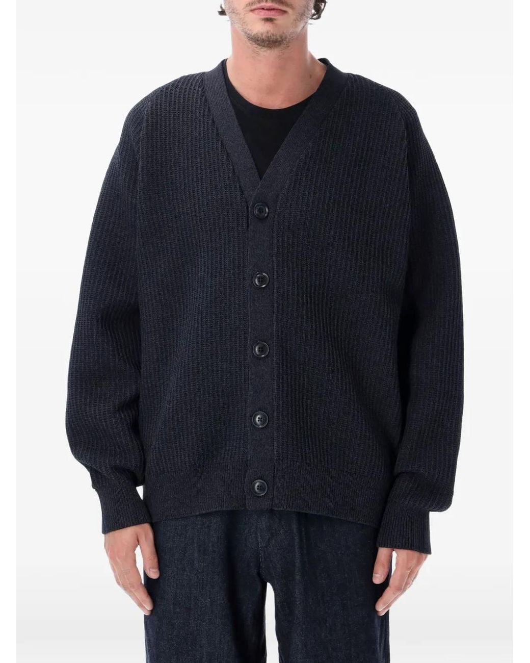 Nanamica Blue Ribbed-Knit V-Neck Cardigan for men