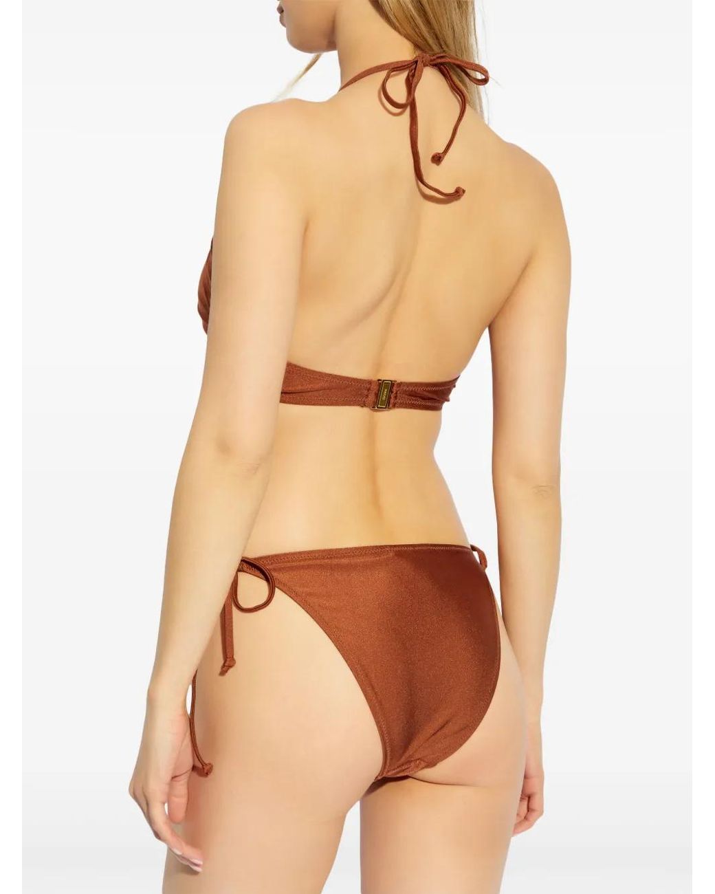 Ganni Brown Metallic-Threading Bikini Top