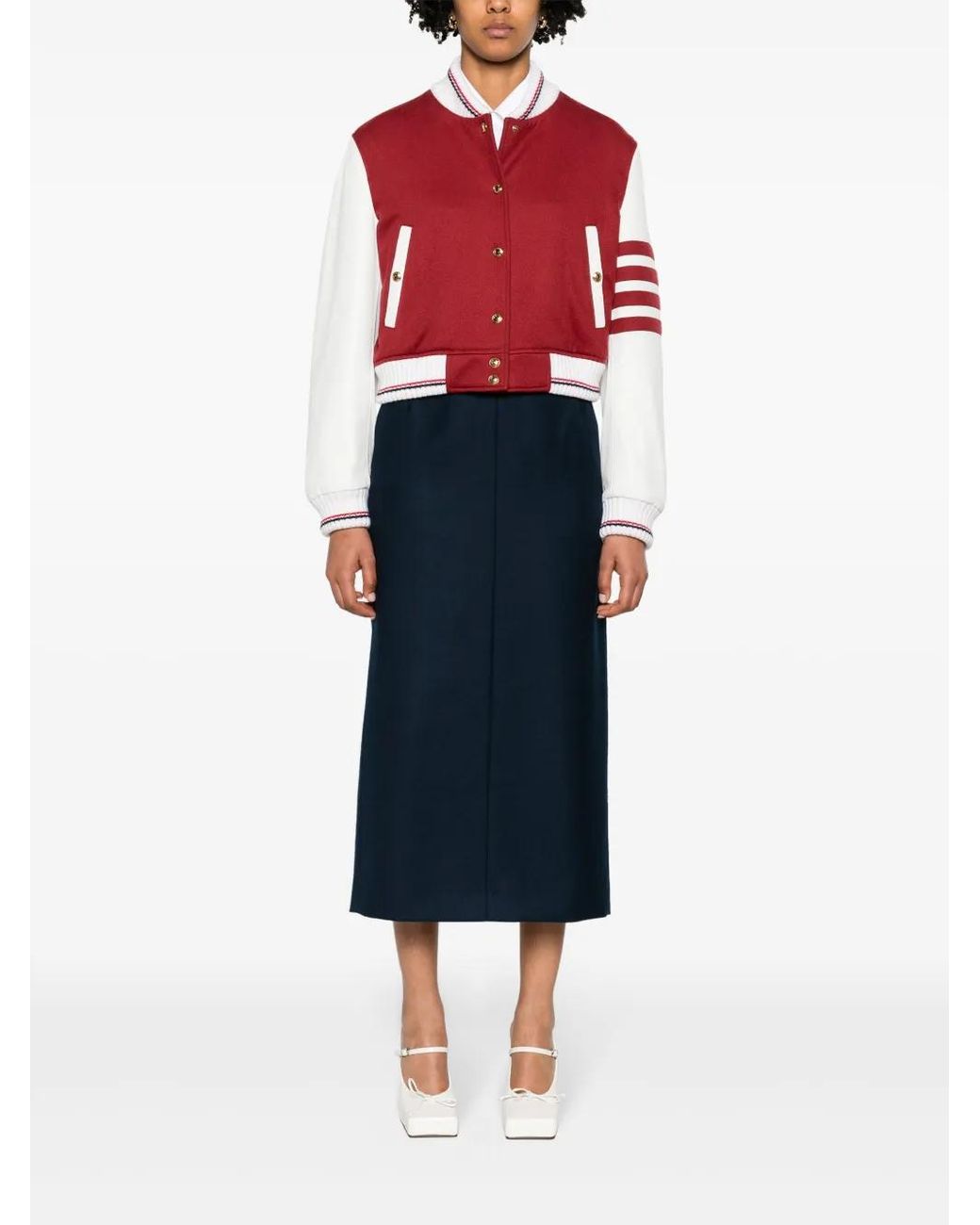 Thom Browne Red 4-Bar Stripes Varsity Jacket