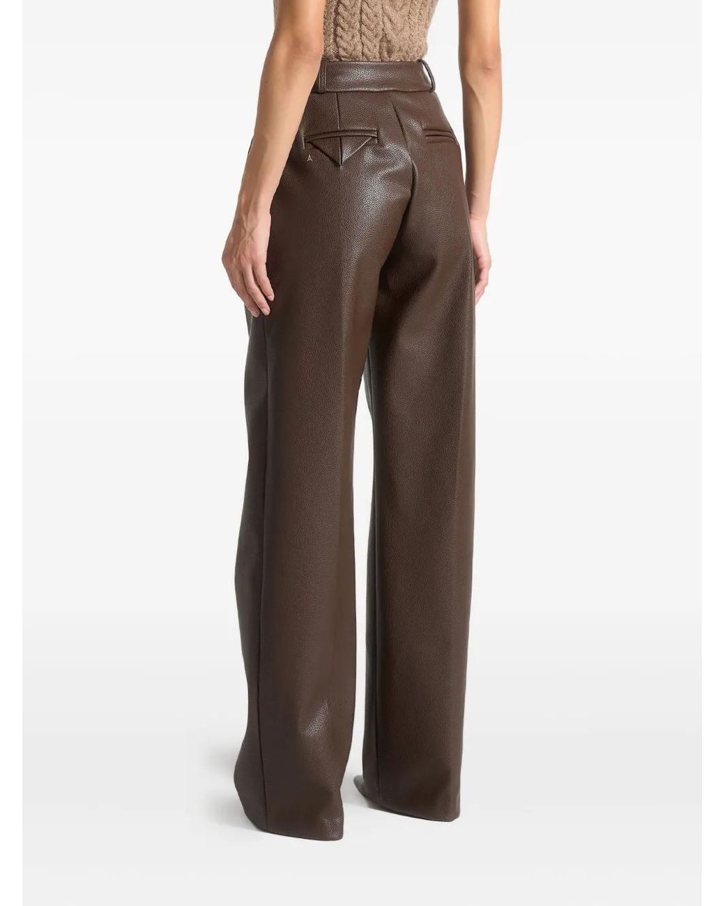 Manière De Voir Brown Pebbled Leather Pleated Stacked Trousers