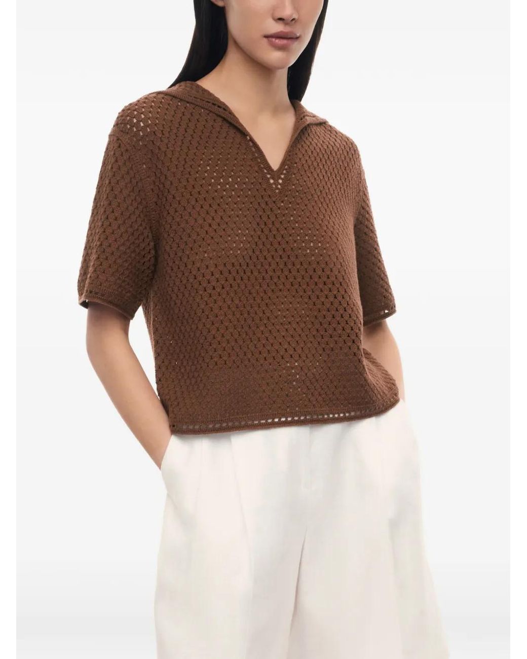 12 STOREEZ Brown Meadow Crochet-Knit Top