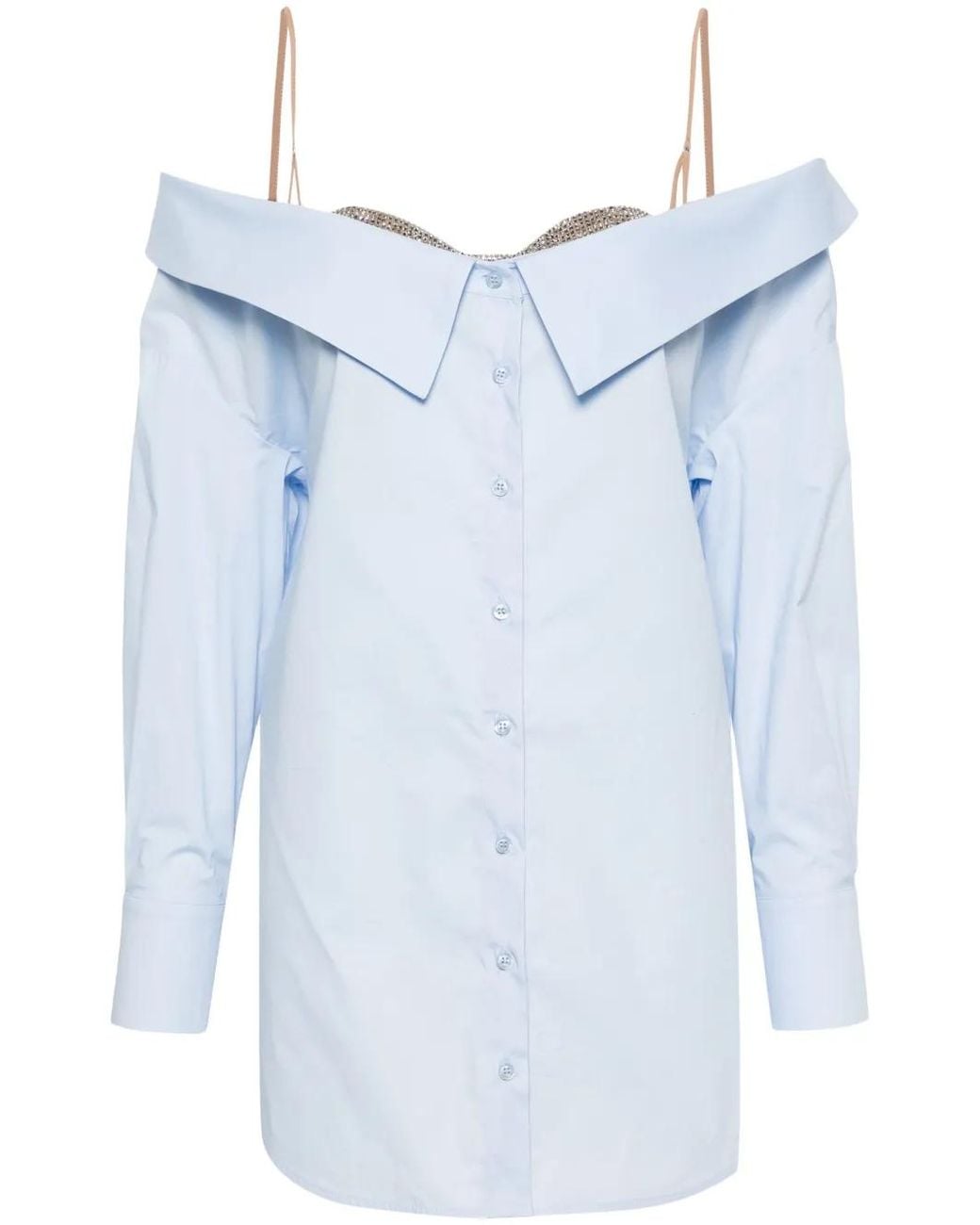 GIUSEPPE DI MORABITO Blue Rhinestoned V-Nek Poplin Shirt