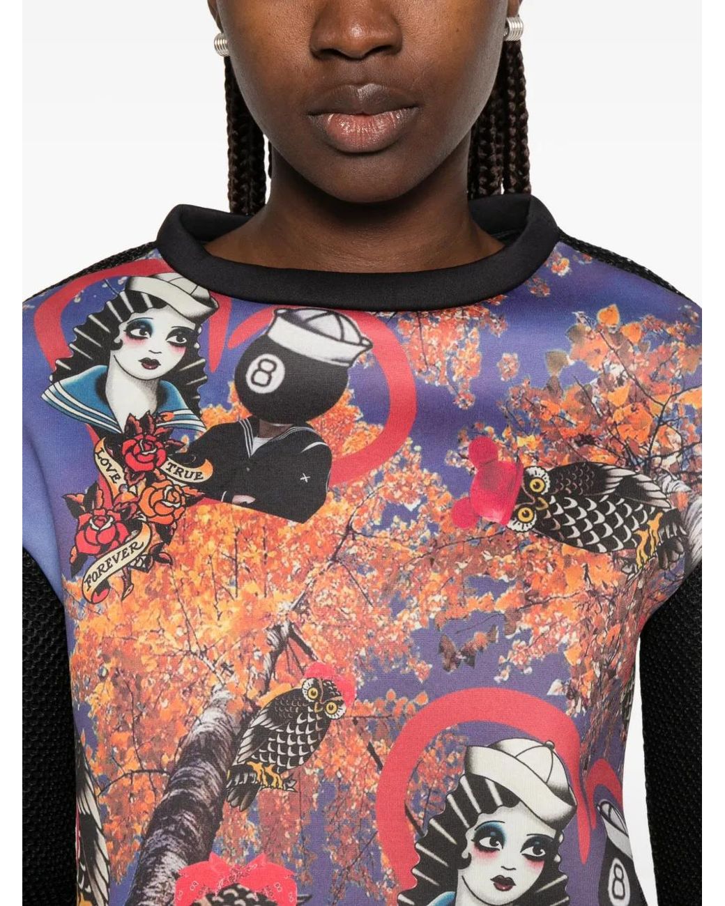 The Artistylist Black Graphic-Print Mesh-Panel Sweatshirt
