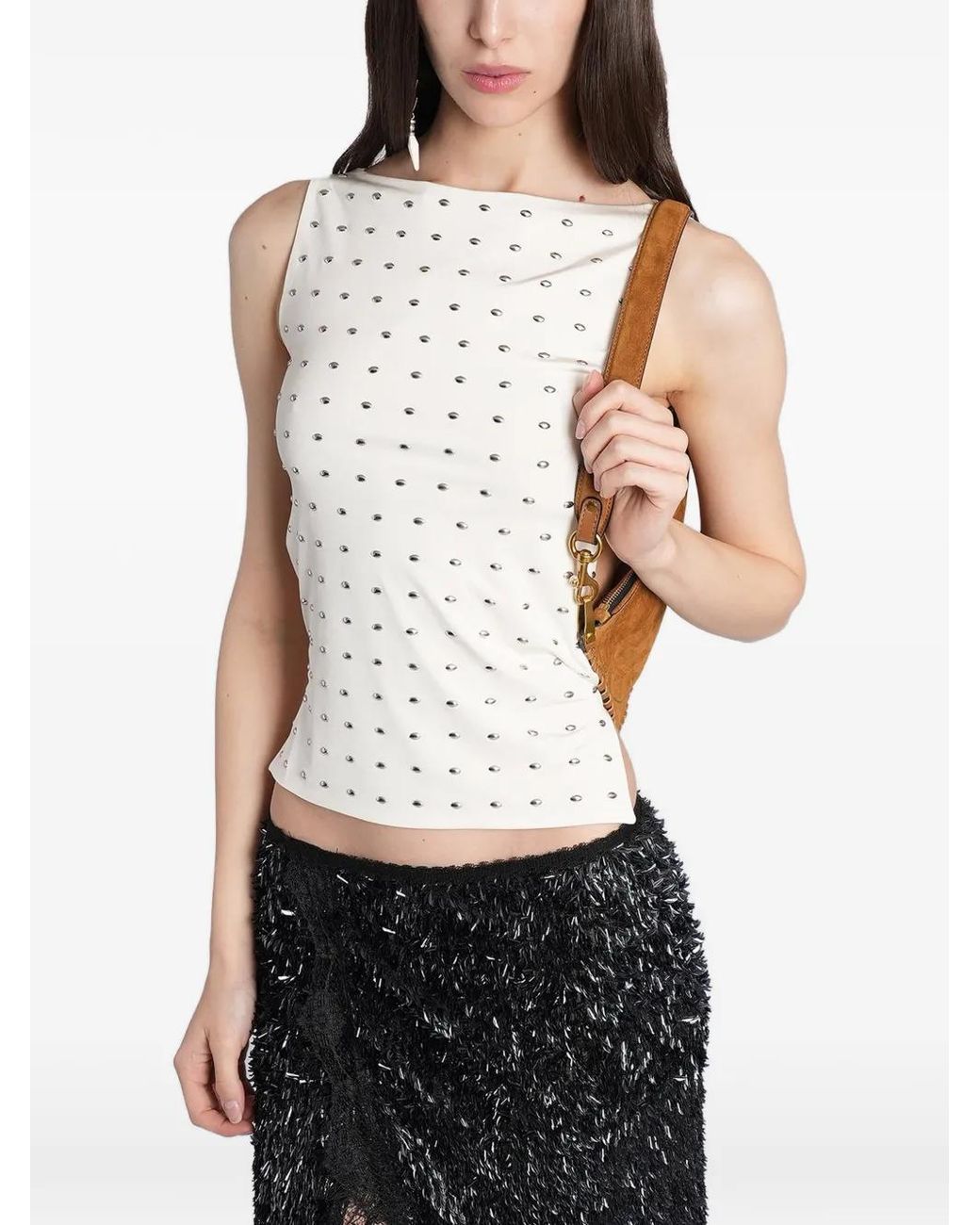 Siedres White Stud-Embellished Backless Top