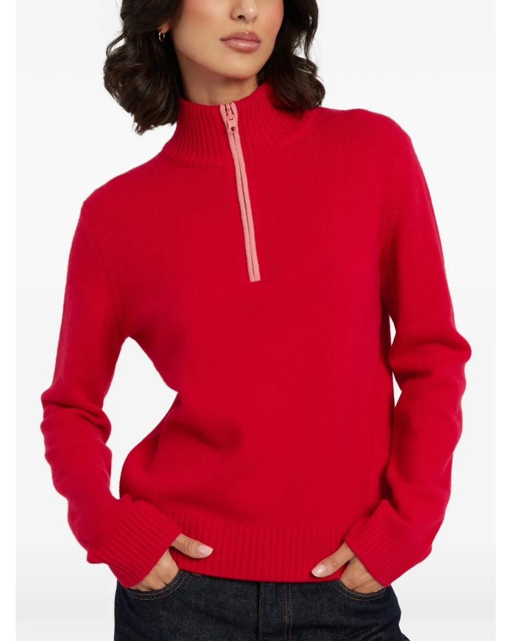 Chinti & Parker Red Quarter-Zip Ribbed-Trim Sweater