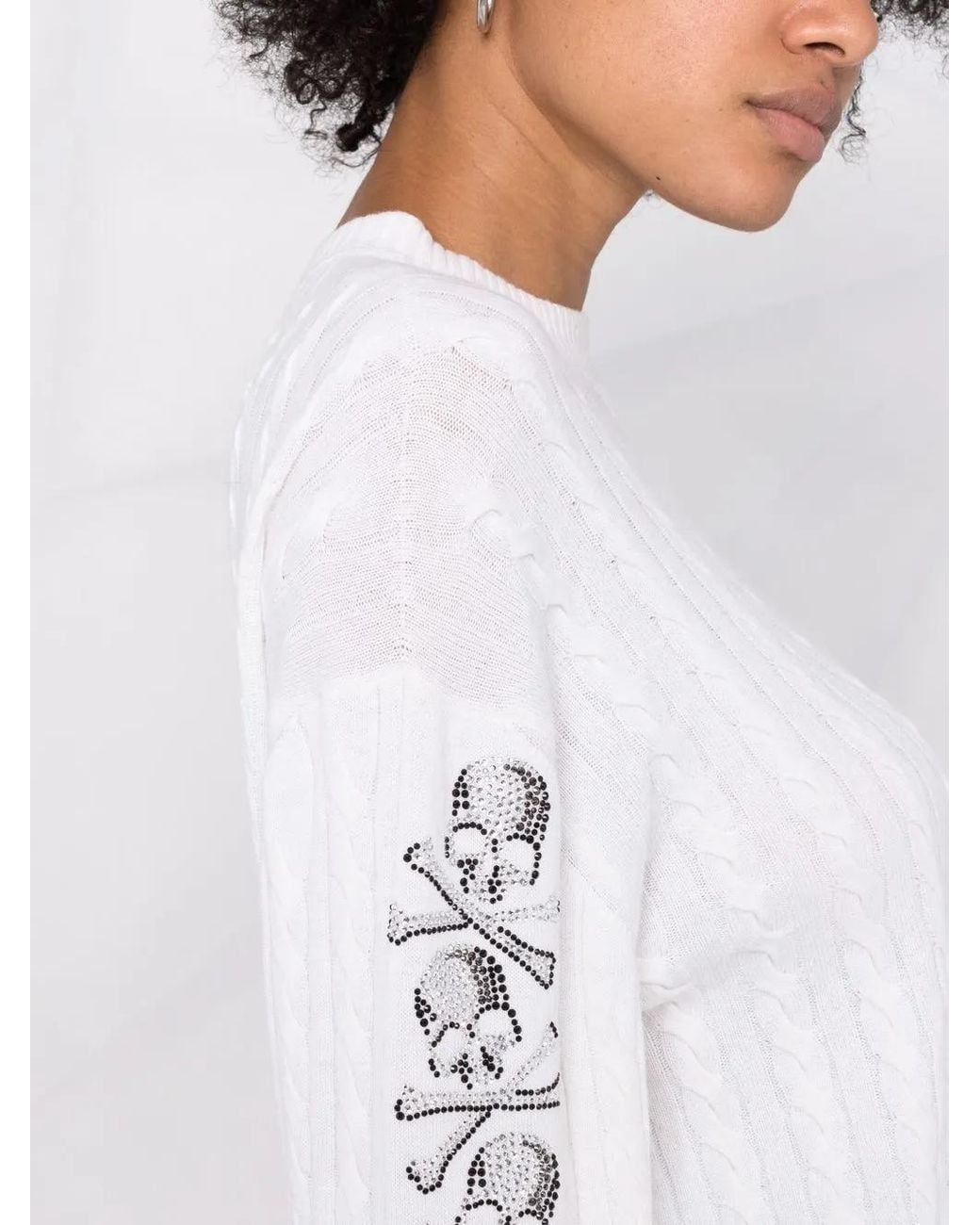 Philipp Plein White Sequin Skull Pullover Jumper
