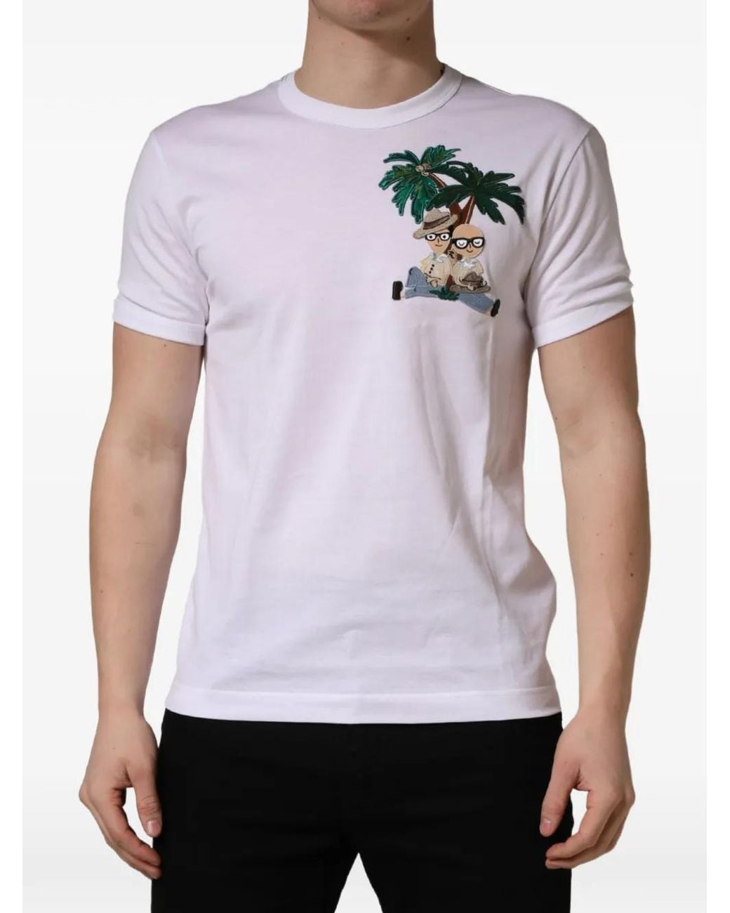 Dolce & Gabbana White Palm-Embroidered T-Shirt for men