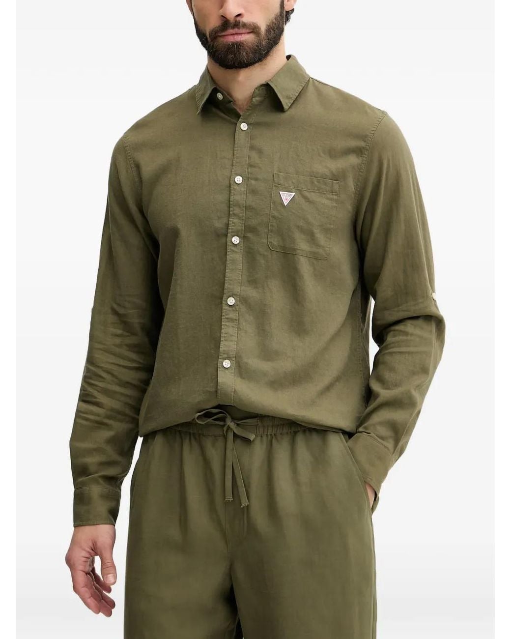 Guess Green Logo-Patch Button-Down Shirt for men