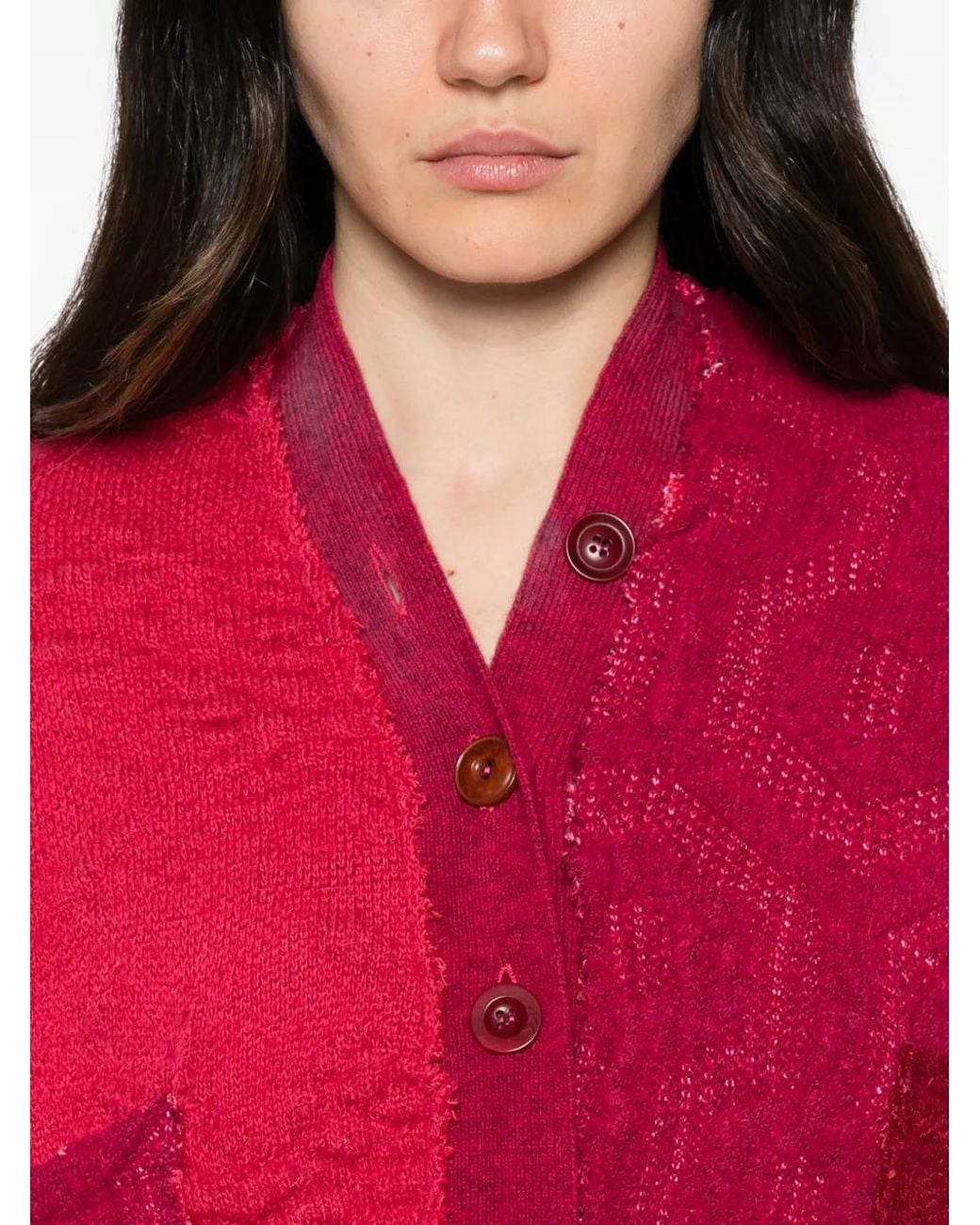 ESSENSI Red Iris Patchwork V-Neck Cardigan