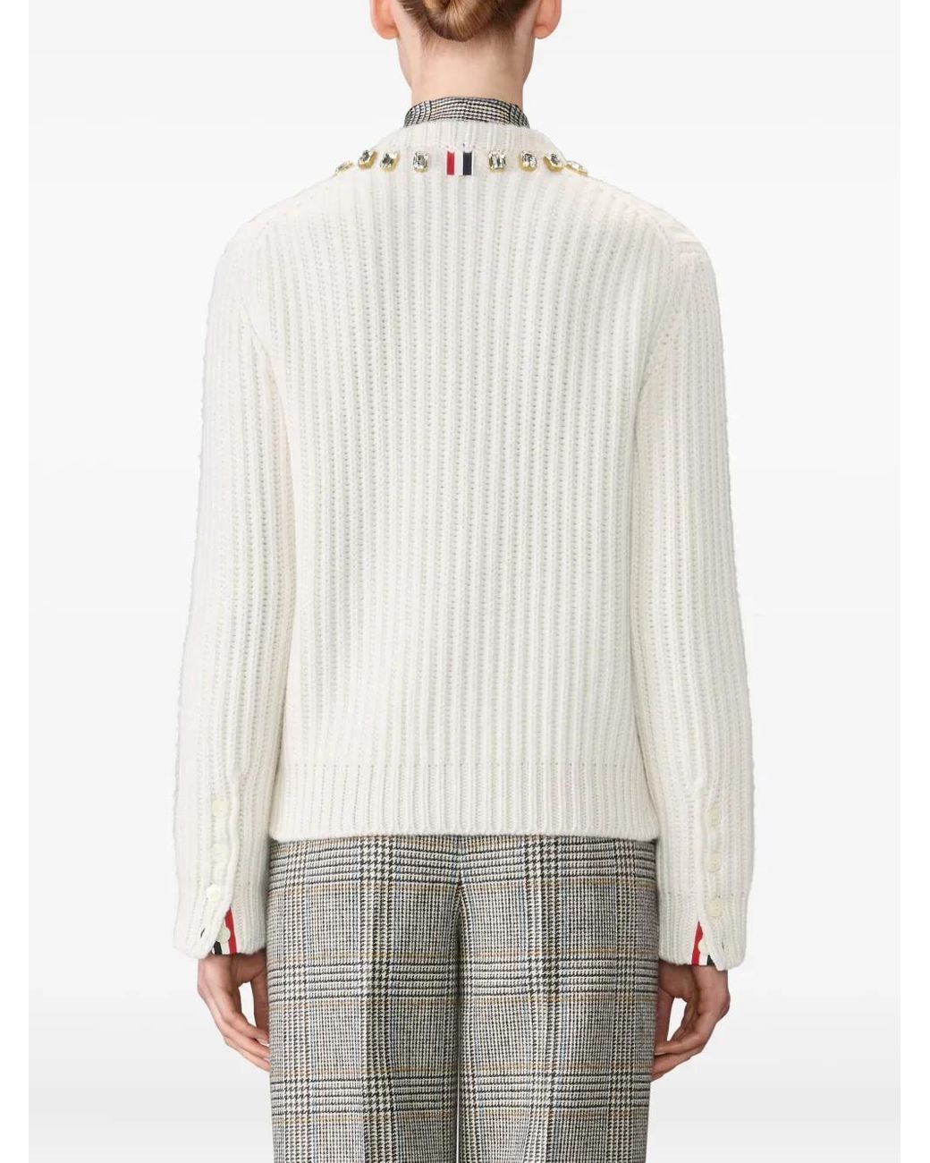 Thom Browne White Swarovski Crystal Half Stitch Cashmere Cardigan