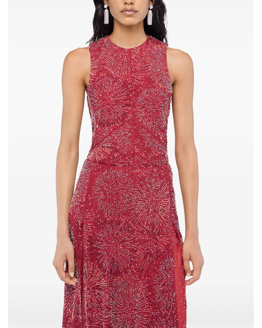 Rabanne Red Crepe Top With Pearl Embroidery