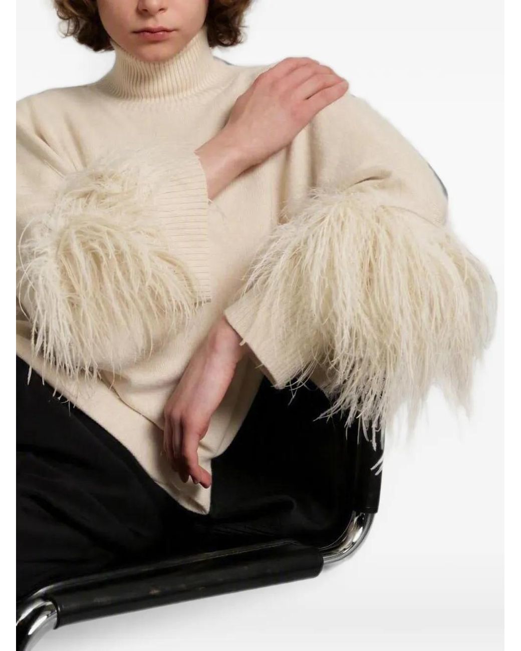 Alberta Ferretti Natural Feather-Trim Roll-Neck Sweater