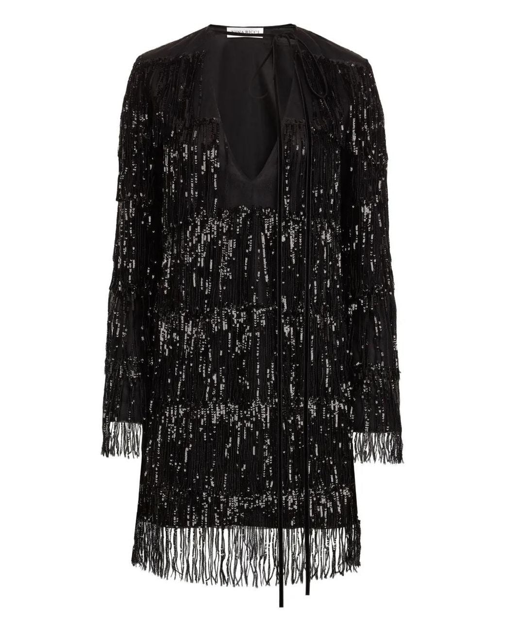 Nina Ricci Black Sequin-Embellished Fringed Mini Dress