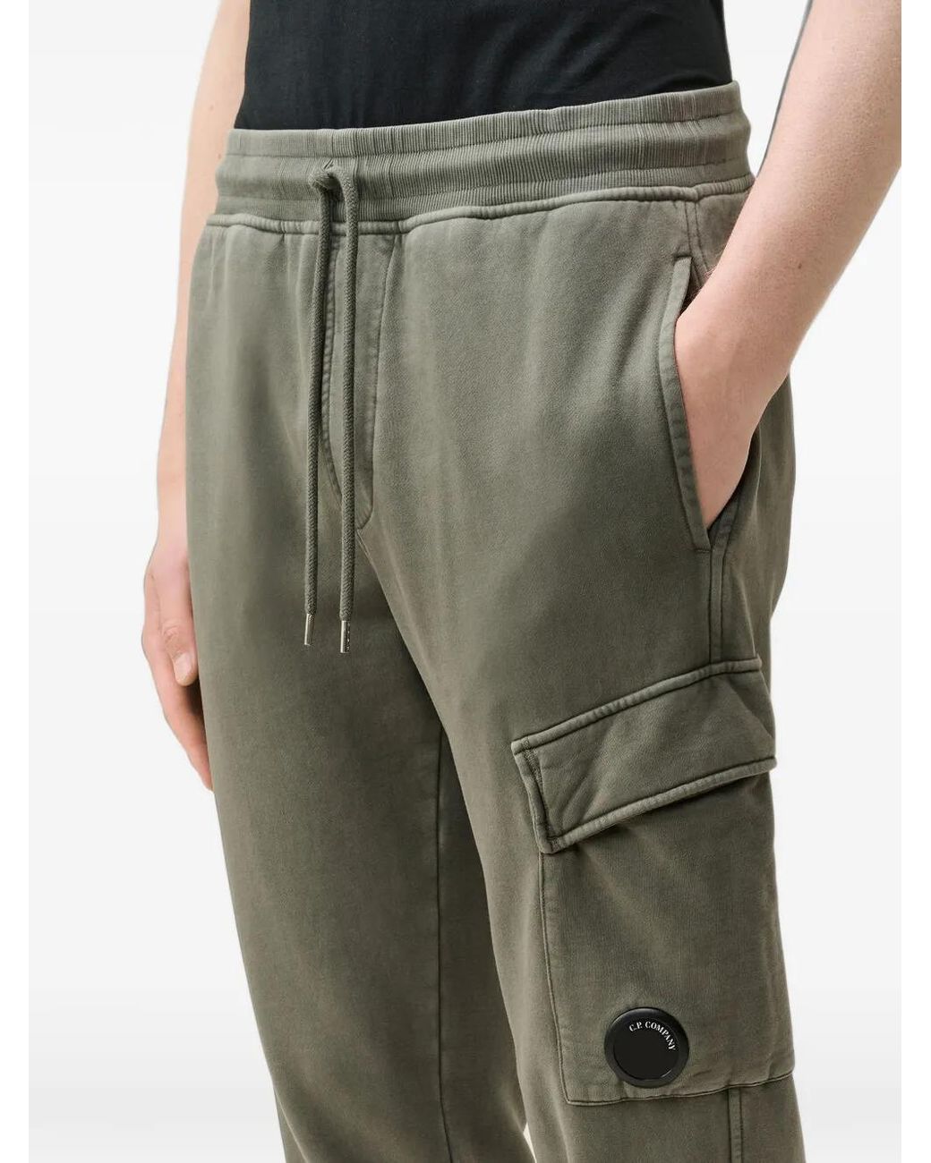 C P Company Gray Brushed And Emerized Diagonal Fleece Cargo Lens Trousers for men