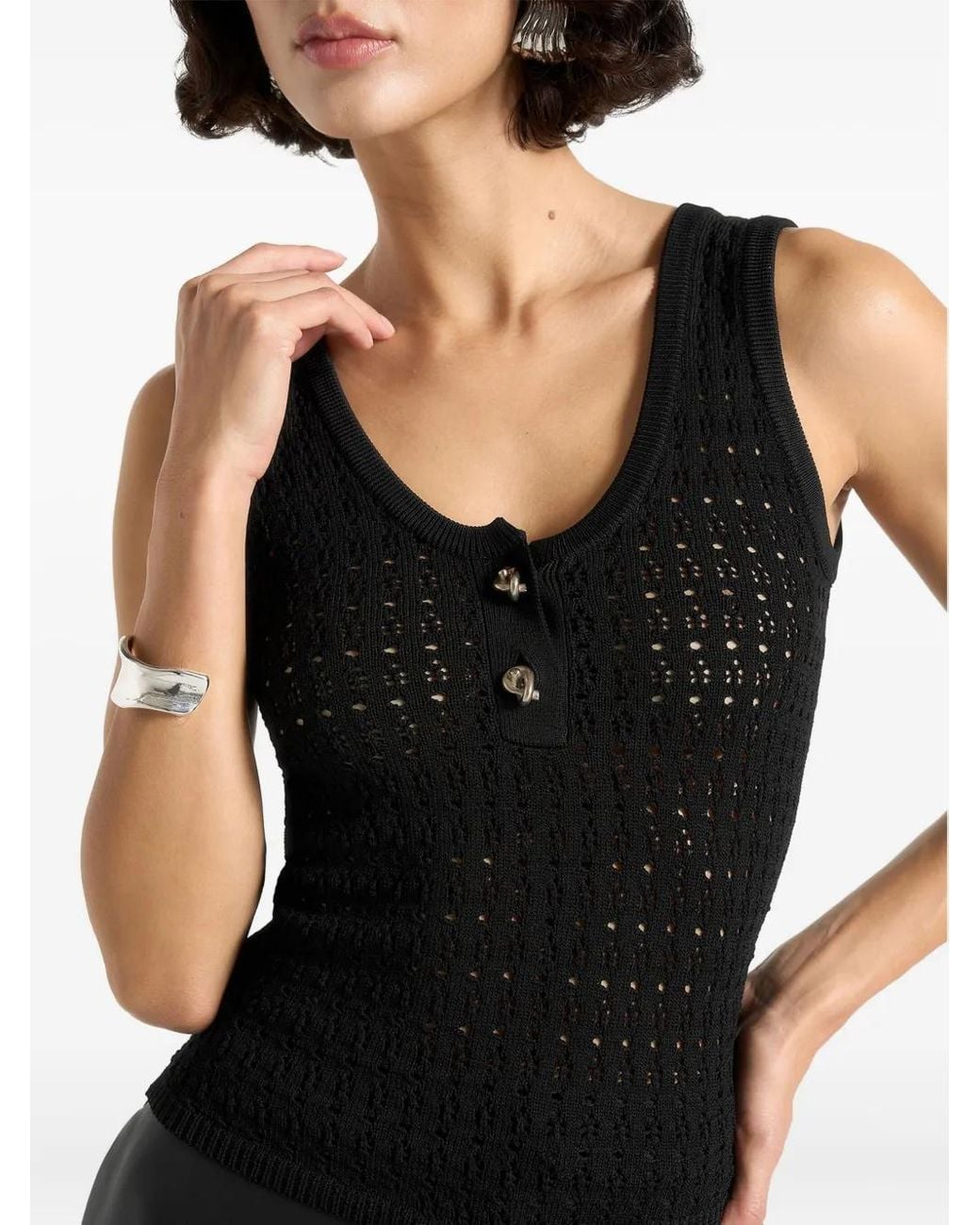Manière De Voir Black Nora Pointelle Knitted Tank Top With Knot Button