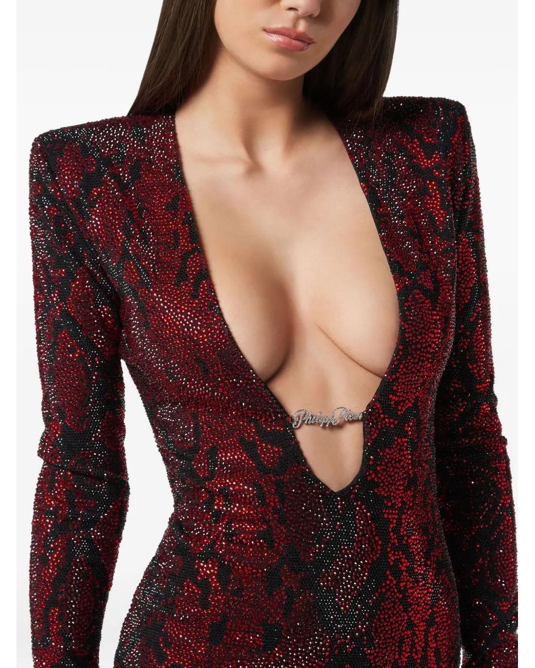 Philipp Plein Red Long-Sleeved Mini Dress Python Strass