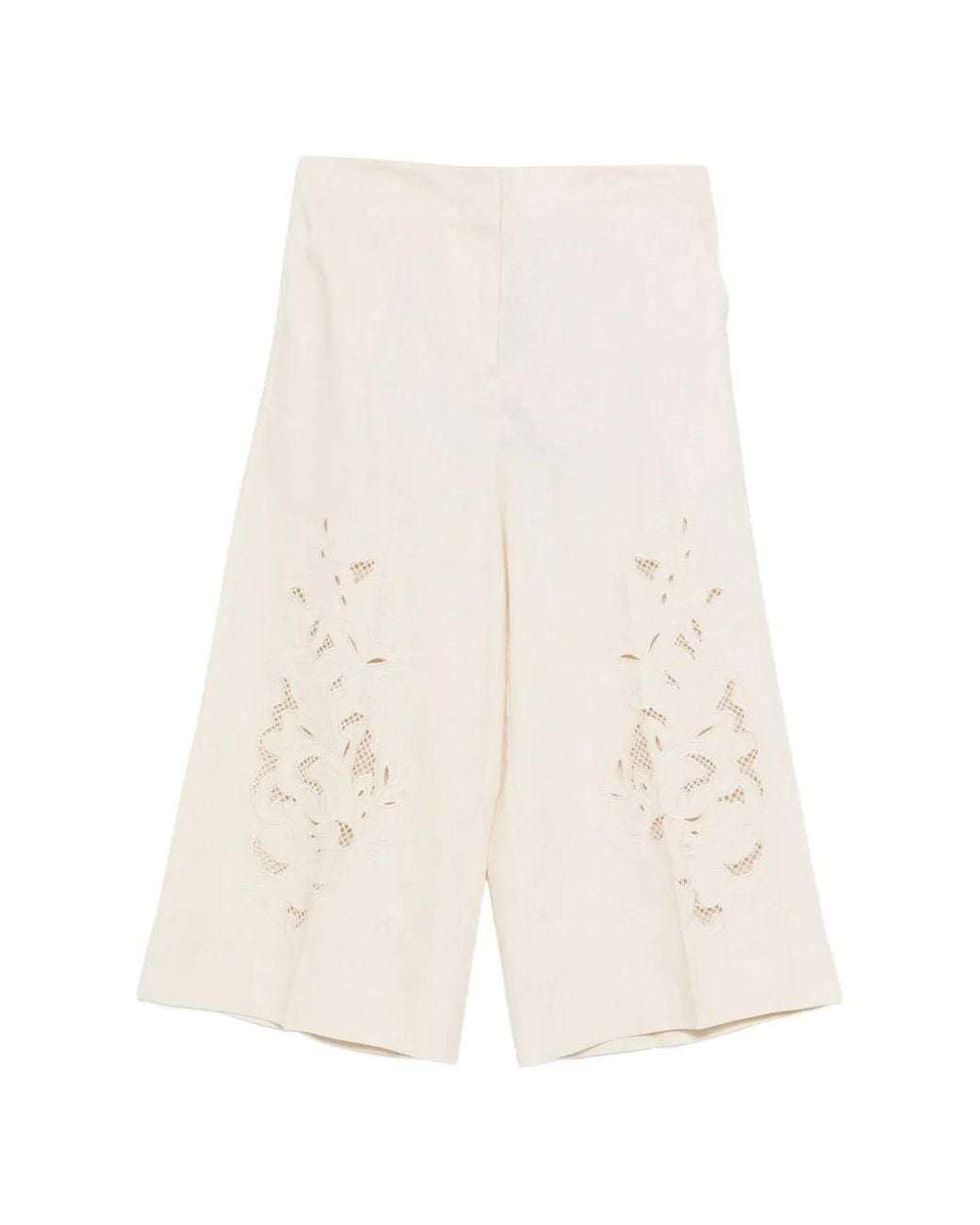 Twinset White Linen Blend Cropped Trousers With Embroidery
