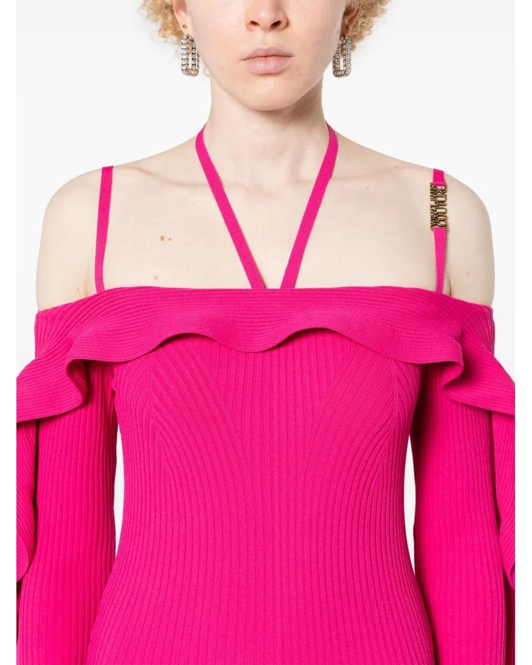 Versace Jeans Couture Pink Ribbed-Knit Long-Sleeve Dress