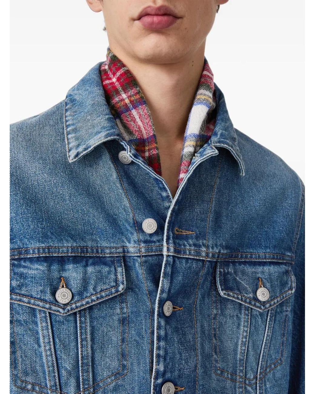 MM6 by Maison Margiela Blue Check-Lining Cropped Denim Jacket for men