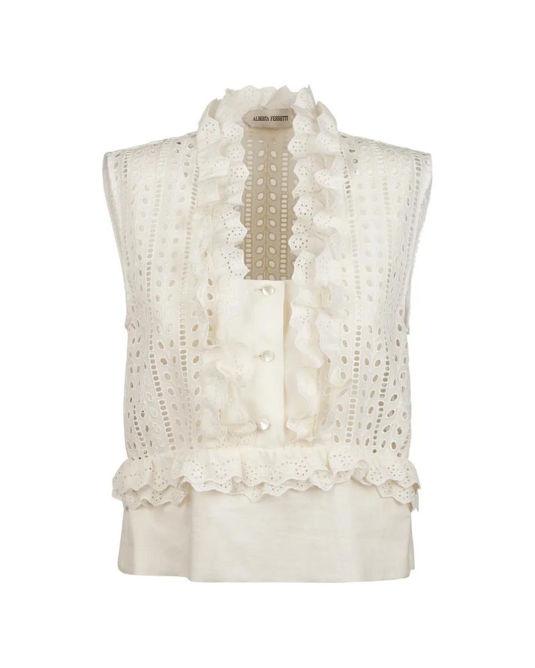 Alberta Ferretti White Ruffled Eyelet Blouse