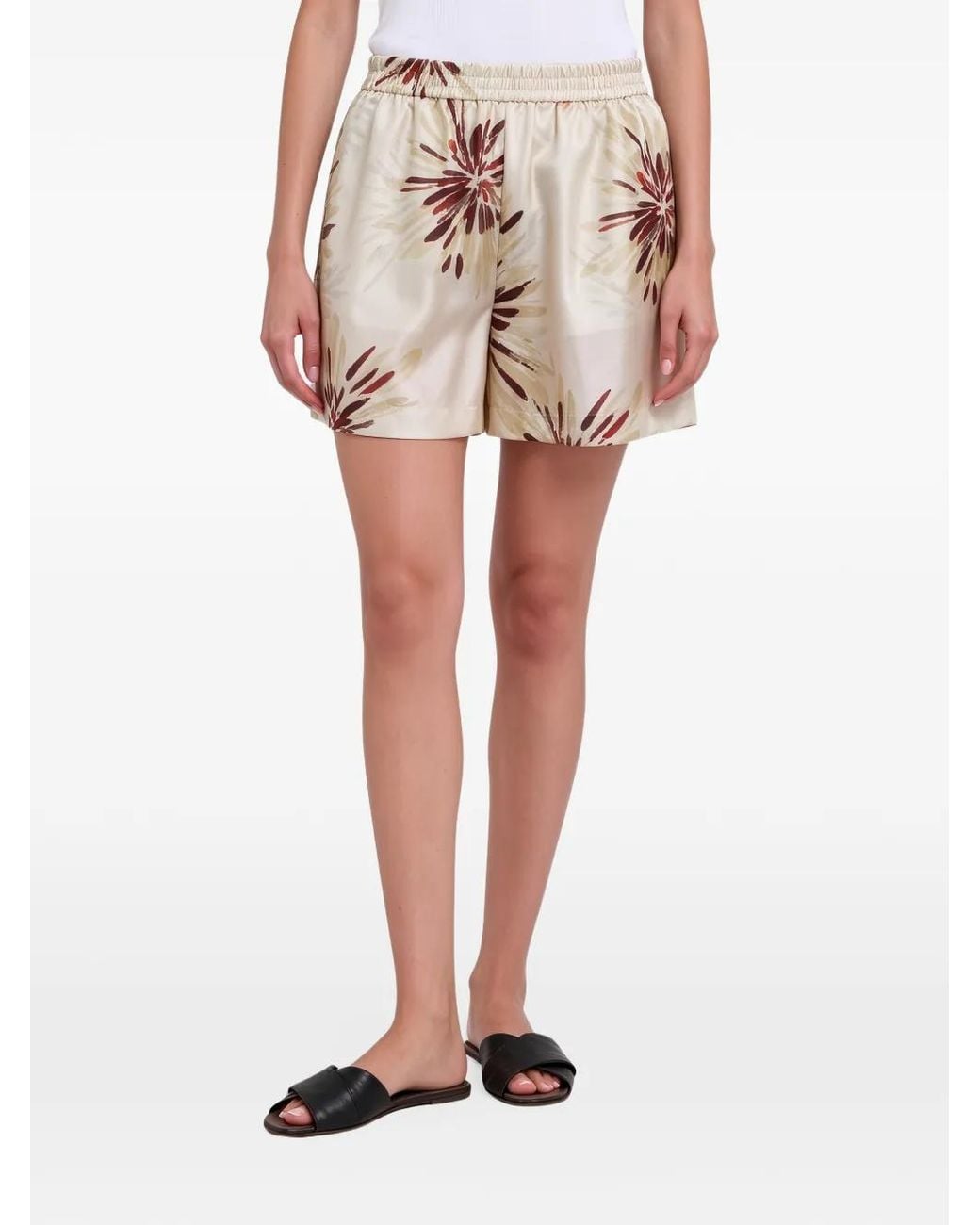 Brunello Cucinelli White Floral-Print Silk Shorts