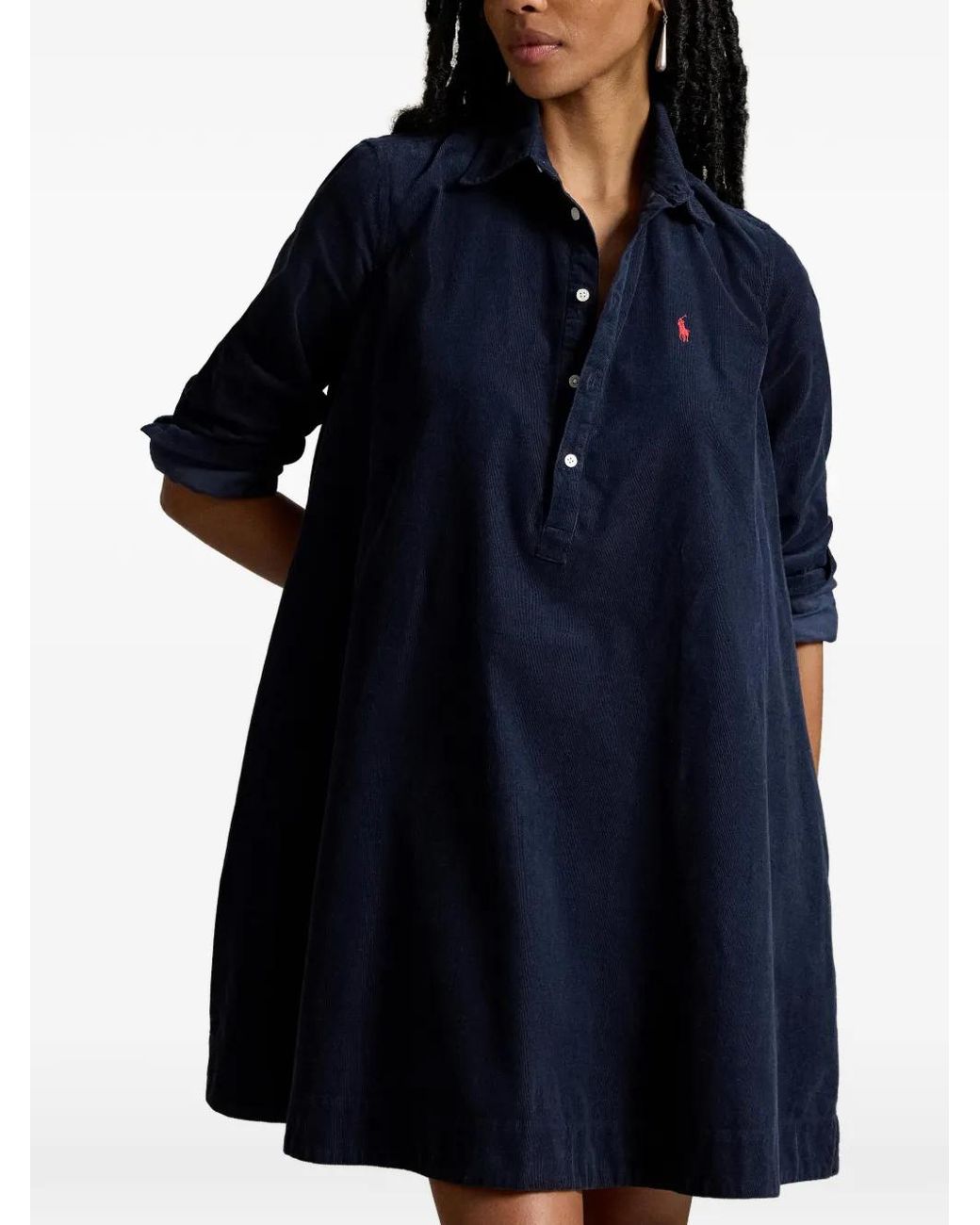 Polo Ralph Lauren Blue Corduroy Logo-Embroidered Mini Dress