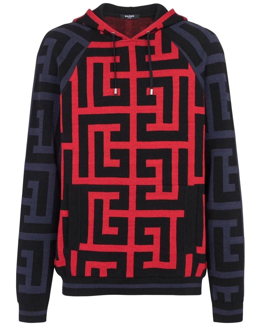 Balmain Red Monogram-Print Drawstring Hoodie for men