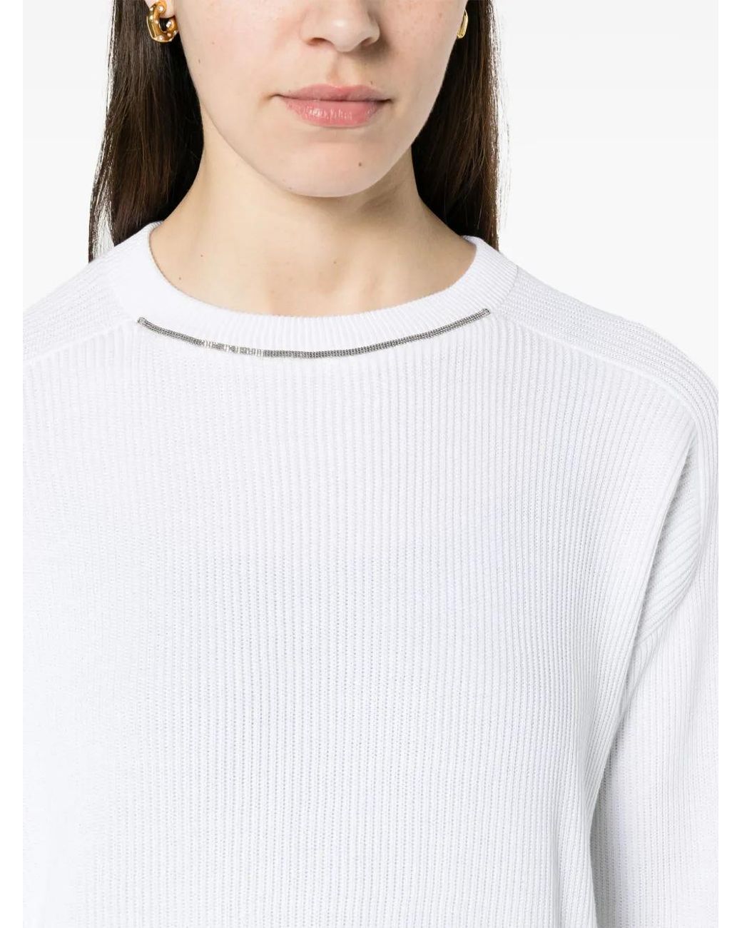 Brunello Cucinelli White Monili Bead-Embellished Cotton Jumper