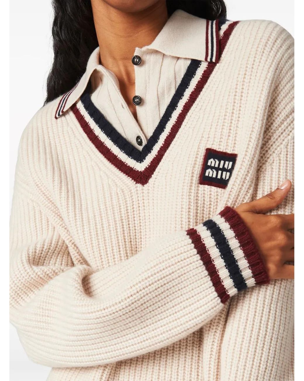 関税込【MiuMiu】Layered wool and cashmere polo shirt Layered wool and cashmere polo shirt in brown - Miu Miu