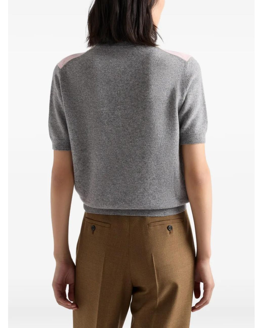 Prada Gray Short-Sleeved Argyle Cashmere Sweater