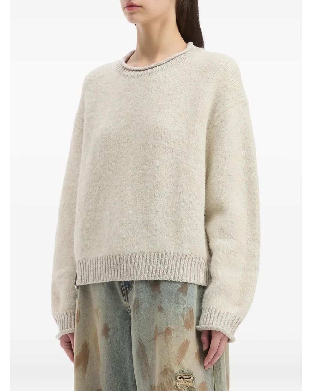 Izzue White Ribbed-Cuff Crew-Neck Sweater