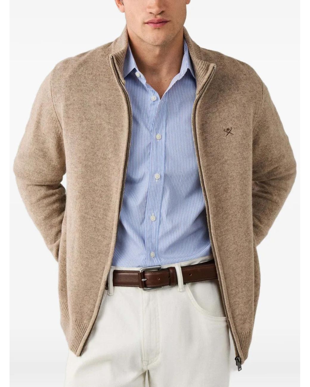 Hackett Natural Zip-Up Lambswool Cardigan for men