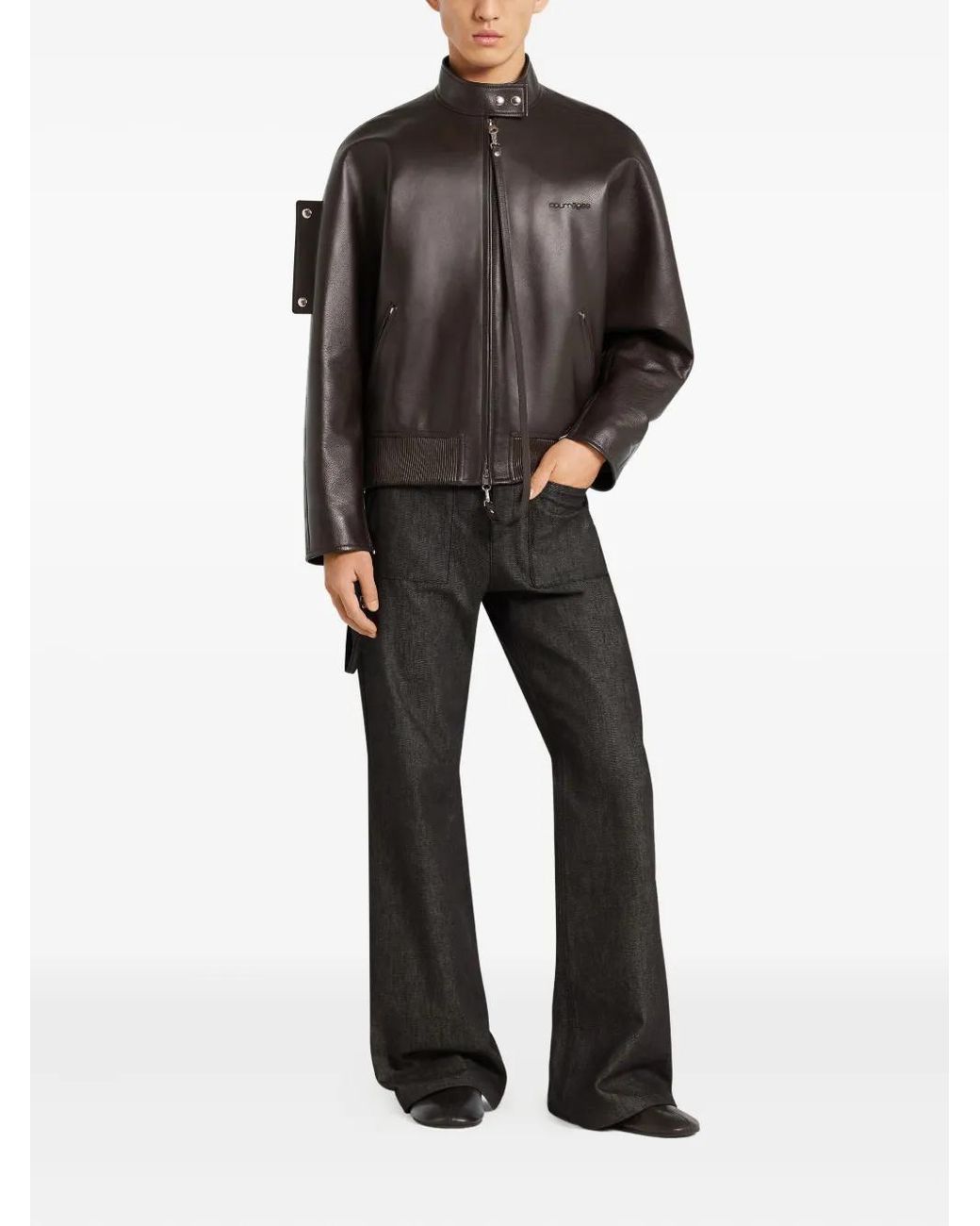 Courreges Brown Zip-Up Leather Jacket for men
