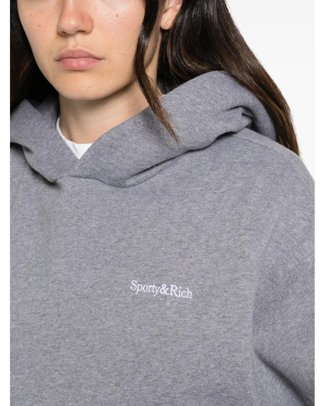 Sporty & Rich Gray Logo-Embroidered Pouch-Pocket Hoodie