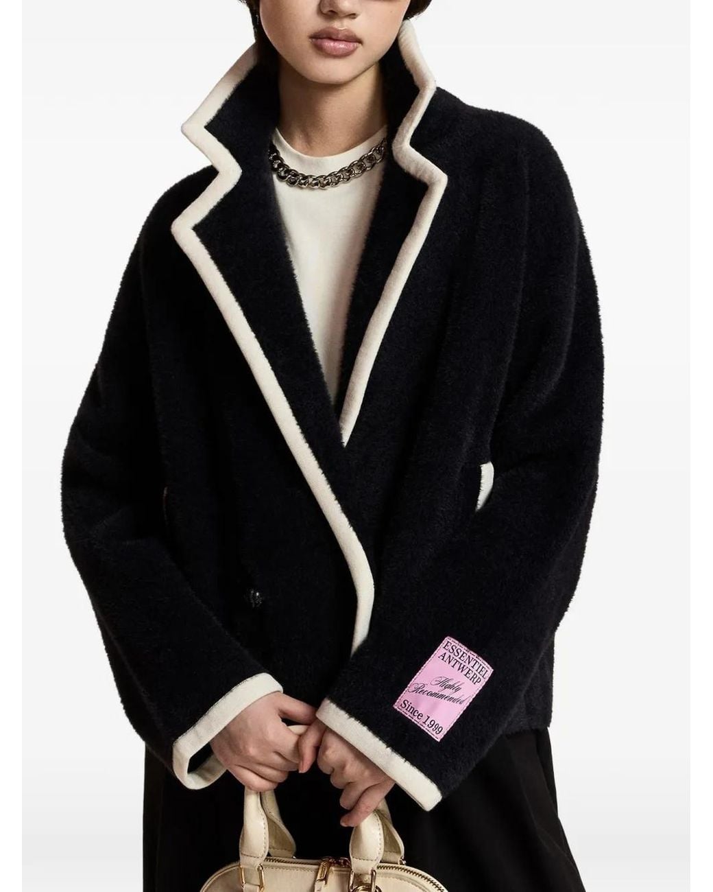 Essentiel Antwerp Black Double-Breasted Faux-Shearling Jacket
