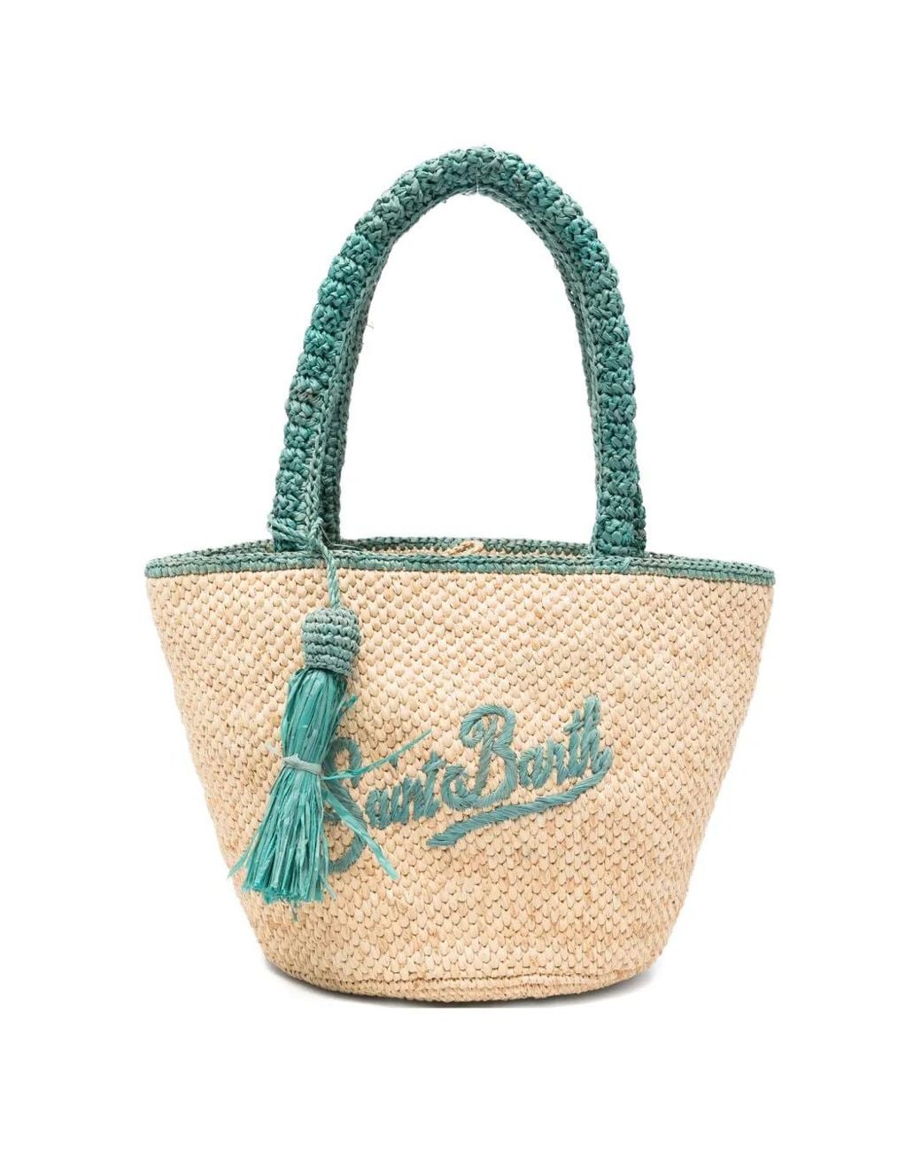 Mc2 Saint Barth Blue Marcy Medium Raffia Bag With Details And Embroidered Logo