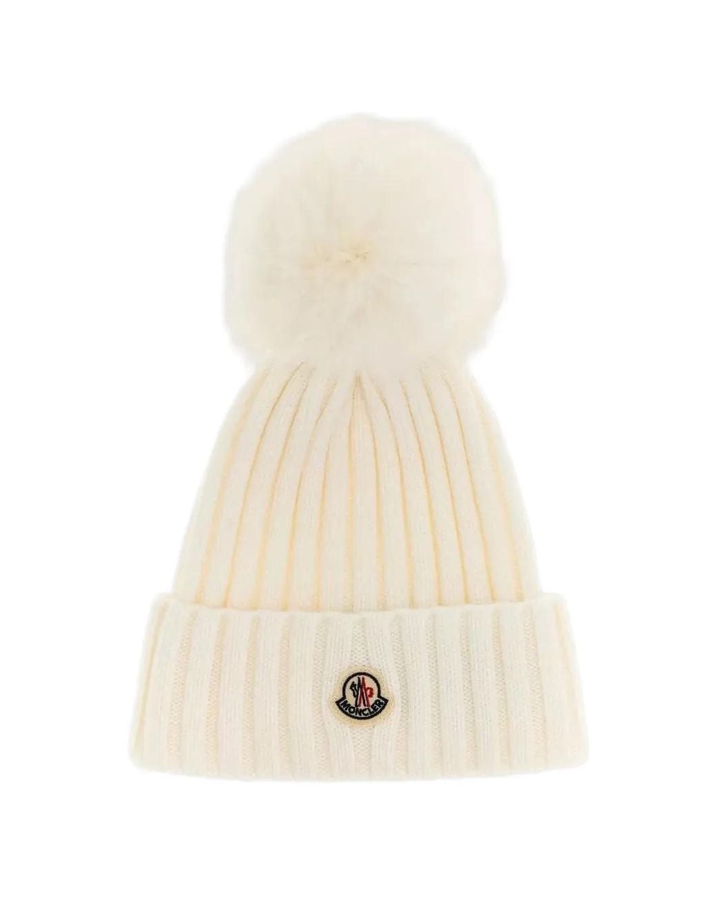 Moncler White Wool Beanie With Pom Pom