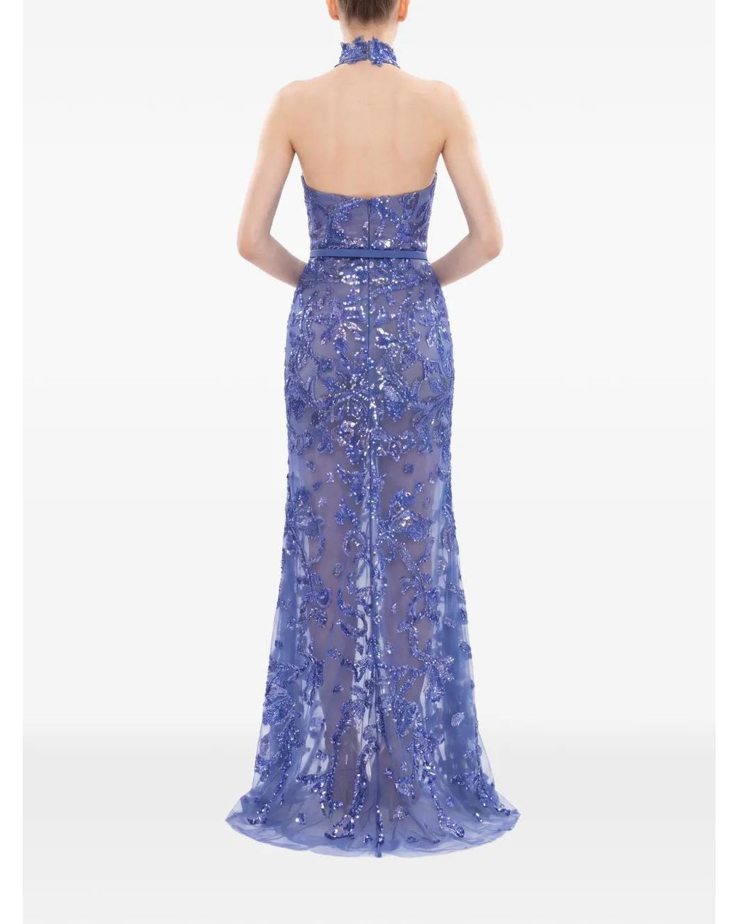 Saiid Kobeisy Blue Halter-Neck Sequin-Embroidered Maxi Dress