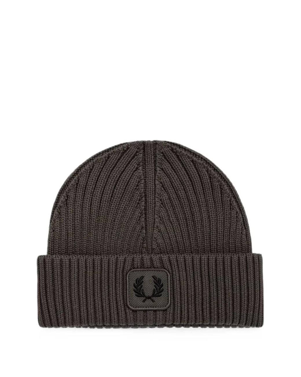 Fred Perry Brown Ribbed-Knit Logo-Patch Beanie Hat