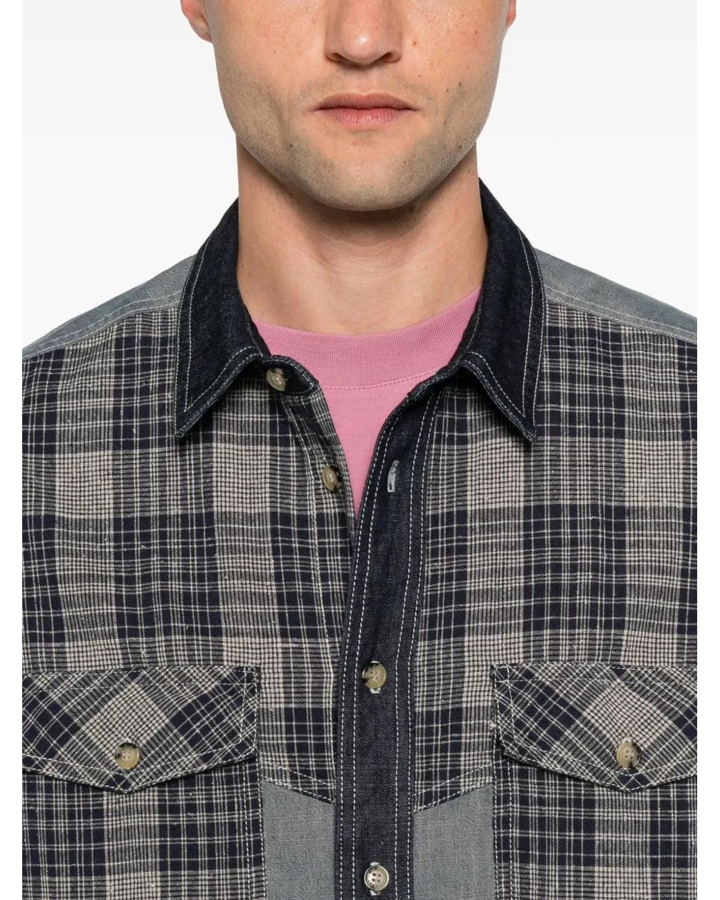 Isabel Marant Gray Check-Panelled Denim Shirt for men