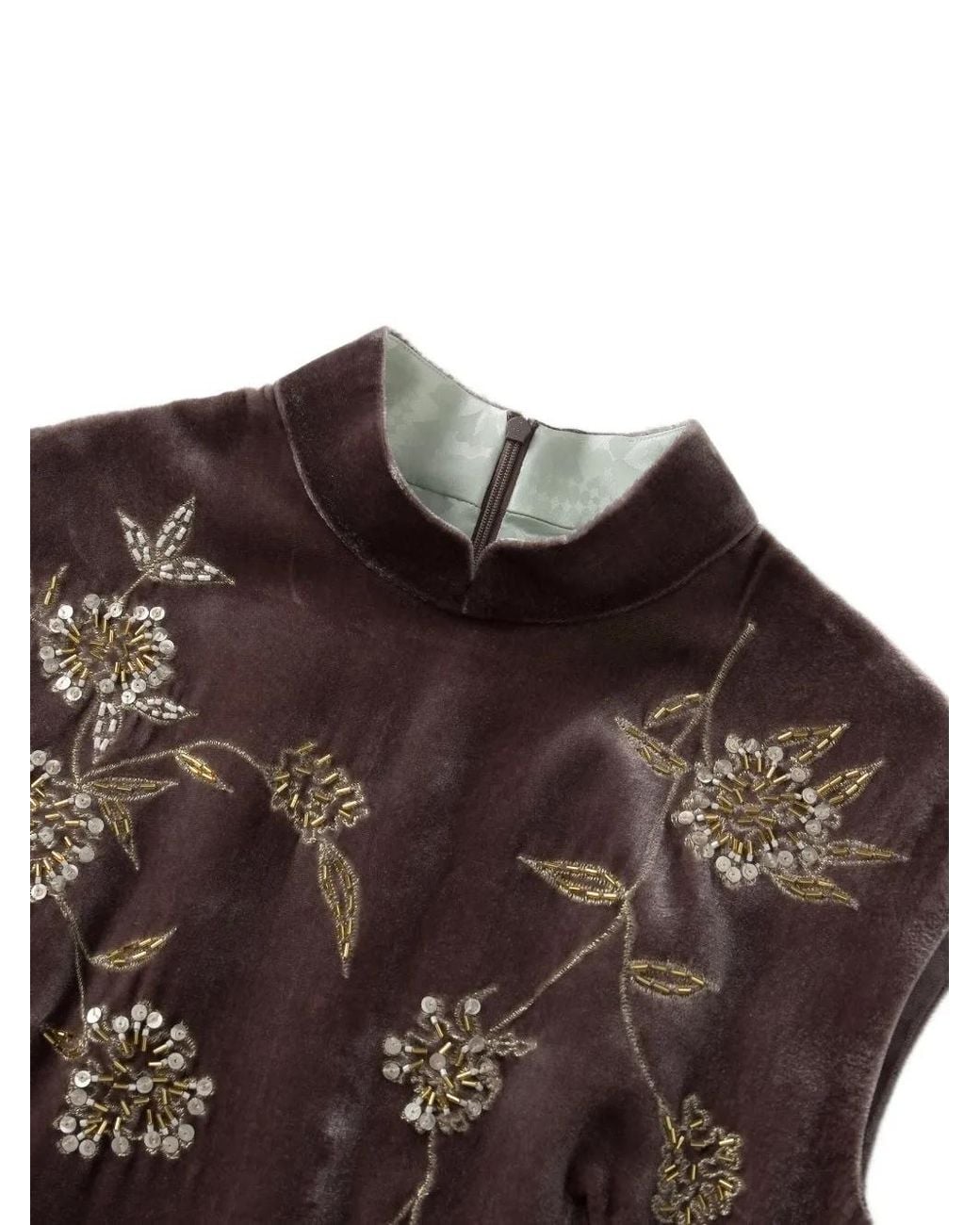 Shanghai Tang Brown Qipao Beaded Mini Dress