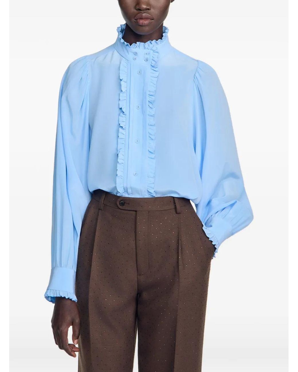 Sandro Blue Silk Shirt With Gathered Collar