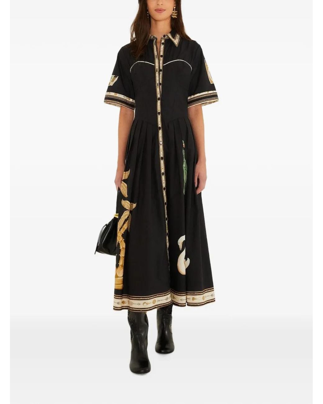 Farm Rio Black Souvenirs Pleated-Skirt Midi Shirt Dress